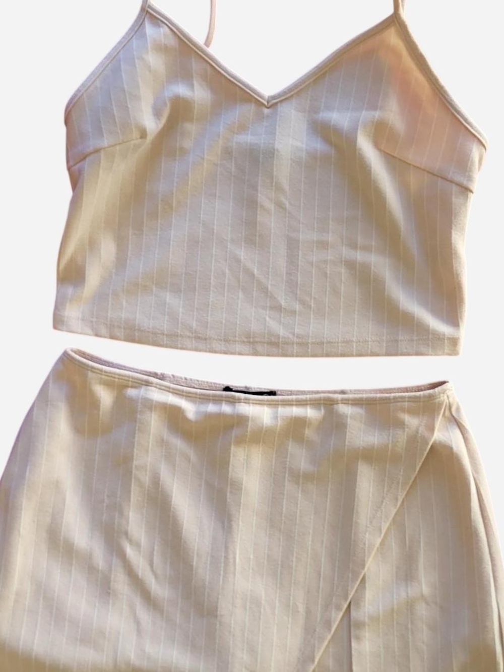 Light Pink 🩷 White Pinstripe Wrap Mini Skirt & Crop Top Set - Women